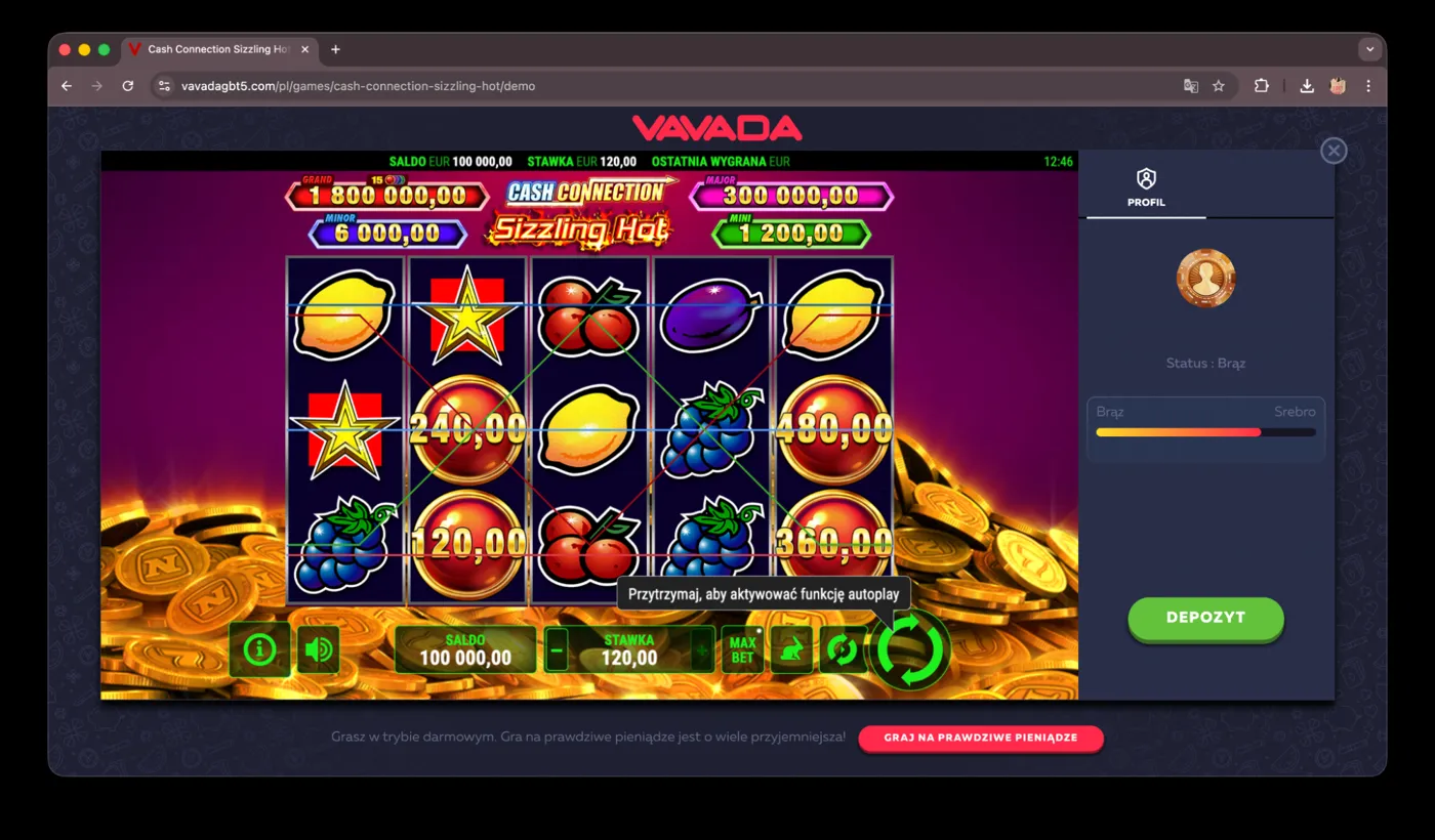 Sizzling Hot Deluxe Cash Connection interfejs gry